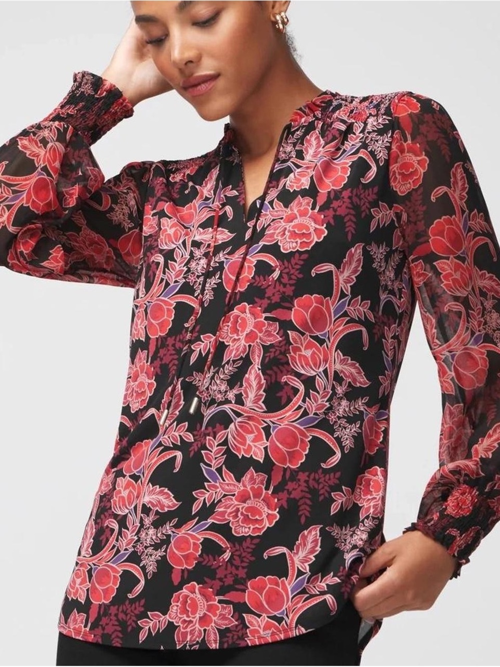 White House Black Market Black Blouse with Red Floral Print